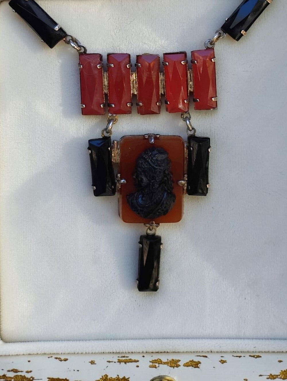 Antique Sterling Silver Cornelian And Onyx Jet Cameo Necklace